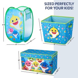 Idea Nuova Baby Shark 4 Piece Storage Solution Set with Pop Up Hamper, Collapsible Storage Trunk and 2 Nestable Storage Bins