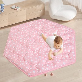 Hexagon Mat Princess Tent Rug, Plush Soft Playpen Mat Fitted for Monobeach Princess Castle, Non Slip Pink Star Nursery Rug for Baby Girl Room Decor, 55 L x 47 W