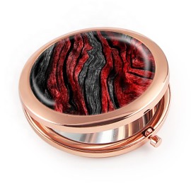 iampanda Compact Rose Gold Mirror for Women,Round Mini Pocket Makeup Mirror for Purse,Vintage Portable Folding Travel Mirror with 2X Magnifying (Black Red Wood Grain)