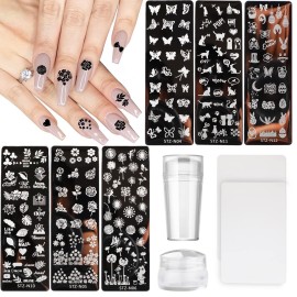10Pcs Nail Stamp Plate Kit 6Pcs Nail Art Templates 2 Stamper 2 Scraper Animal Flower Leaf Stamper Nail Art Plates for Women Kid Art Decoration (Animal Flowers)