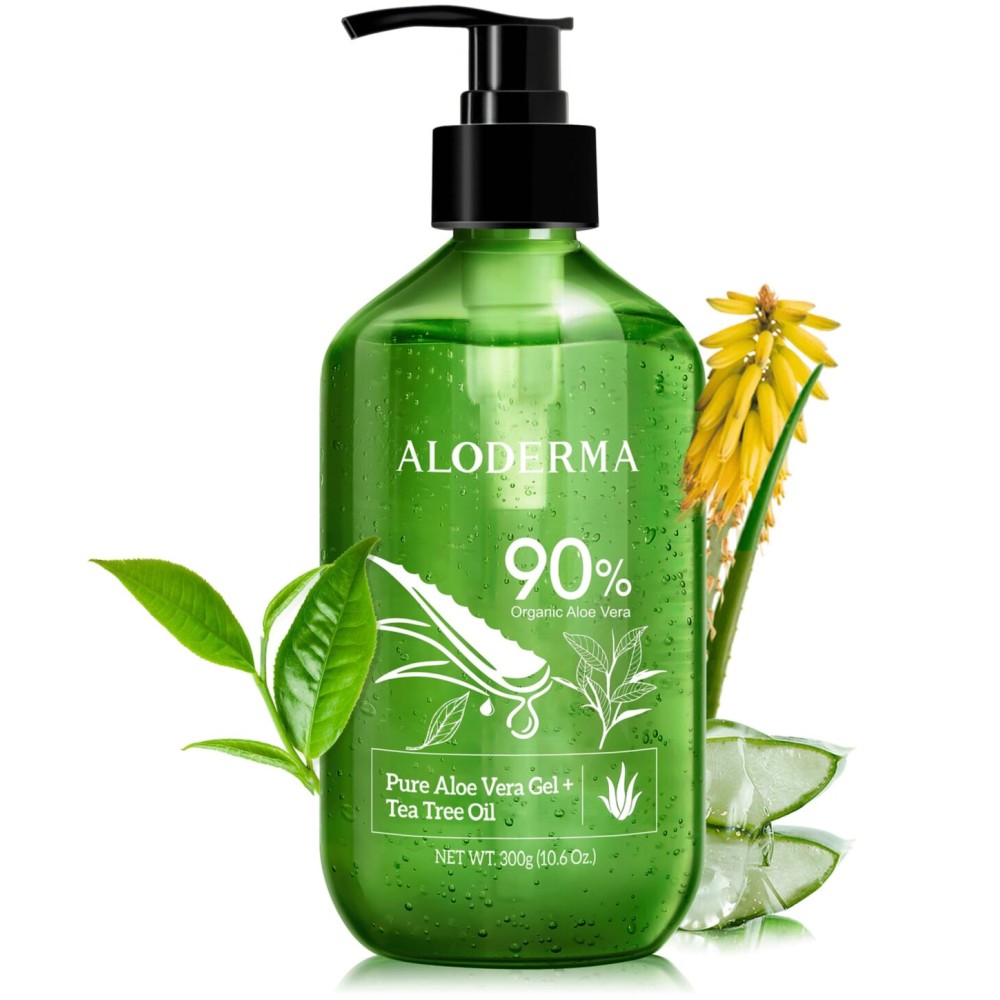 Aloderma Organic Aloe Vera Gel for Skin + Tea Tree Oil, Made within 12 Hours of Harvest, Soothing Pure Aloe Vera Gel for Face, Works Great for Oily Skin, Dry Scalp, Aftershave, Natural Aloe - 10.6 Oz