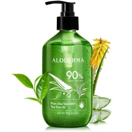 Aloderma Organic Aloe Vera Gel for Skin + Tea Tree Oil, Made within 12 Hours of Harvest, Soothing Pure Aloe Vera Gel for Face, Works Great for Oily Skin, Dry Scalp, Aftershave, Natural Aloe - 10.6 Oz