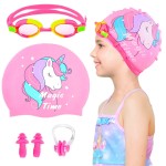 Kids Swim Caps for Girls (Age 2-6), Durable Waterproof Silicone Swimming Cap for Short Hair with Swimming Goggles, Ear Plug and Nose Clip