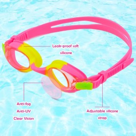 Kids Swim Caps for Girls (Age 2-6), Durable Waterproof Silicone Swimming Cap for Short Hair with Swimming Goggles, Ear Plug and Nose Clip