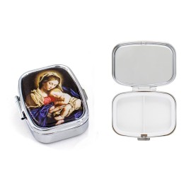 Blessed Mother Compact Travel Mirror and Pill Box Matching Gift Set with Beautiful Matching Image of Virgin Mary and Baby Jesus Christ