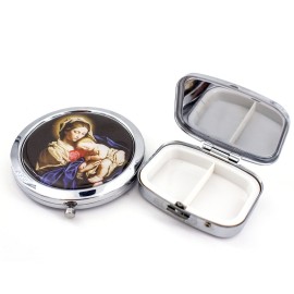 Blessed Mother Compact Travel Mirror and Pill Box Matching Gift Set with Beautiful Matching Image of Virgin Mary and Baby Jesus Christ