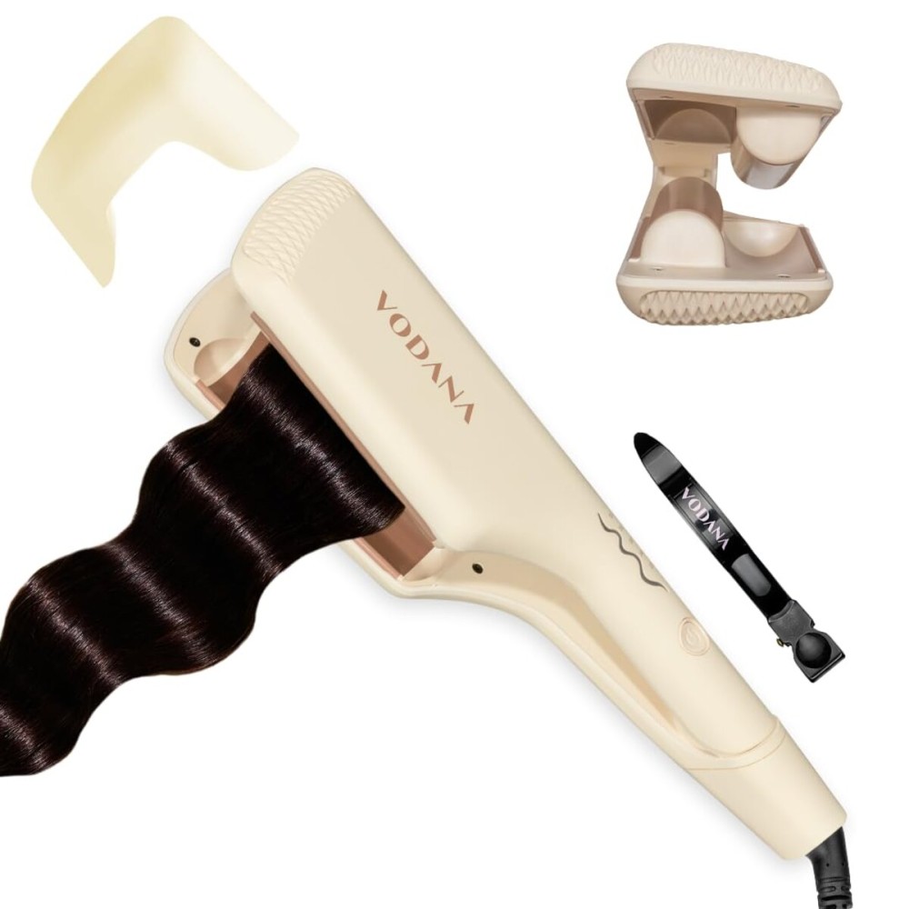 VODANA Professional Triple Flow Ceramic Hair Waver - Easy Beach Waves with Embedded Double Barrel Wave Iron. Experience Instant Heat, Long-Lasting Performance, and Quick Heat Up. (1.25 inch, Brown)