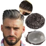 LLWear Human Hair Toupee for Men Soft Thin Skin (0.06mm) V-loop knot Hairpieces for Men 8x10 Inch Base Cap Mens Hair Replacement System mens toupee hair system 1B30(Off Black with 30% Grey Hair)