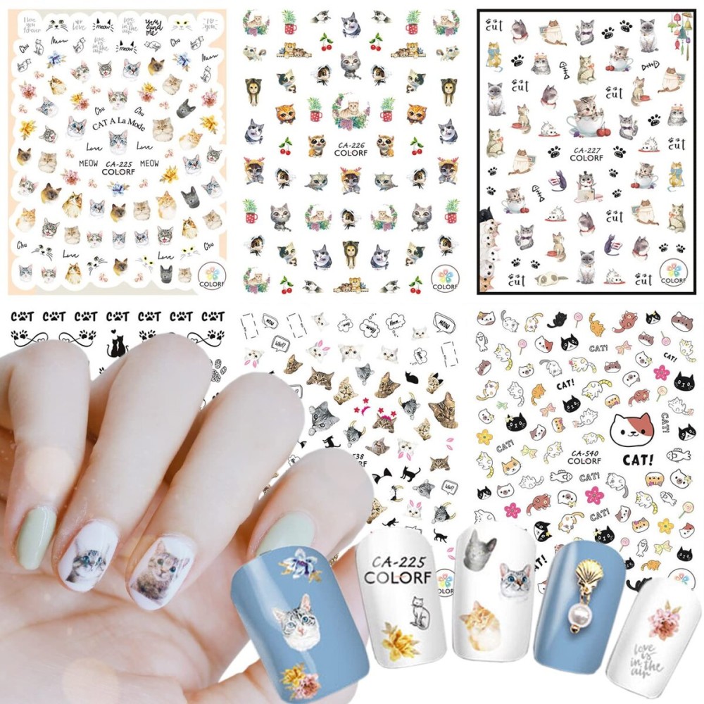 Cute Cat Nail Stickers, 3D Self-Adhesive Cartoon Animal Cats Nail Art Decals, Holographic Colorful Decoration for Women Girls Manicure Tips DIY Supplies Cute Cat Nail Stickers, 3D Self-Adhesive Cartoon Animal Cats Nail Art Decals, Holographic Colorful Decoration for Women Girls Manicure Tips DIY Supplies