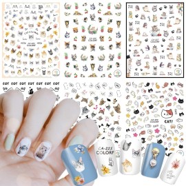 Cute Cat Nail Stickers, 3D Self-Adhesive Cartoon Animal Cats Nail Art Decals, Holographic Colorful Decoration for Women Girls Manicure Tips DIY Supplies