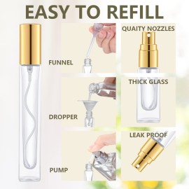 KOIBITO 10ml Glass Perfume Spray Bottle for Men & Women. Refillable Glass Atomizer with Aluminum Cap&Pump. Portable Fragrance Bottle for Perfume, Cologne, Moisturizing (6PCS, Gold)