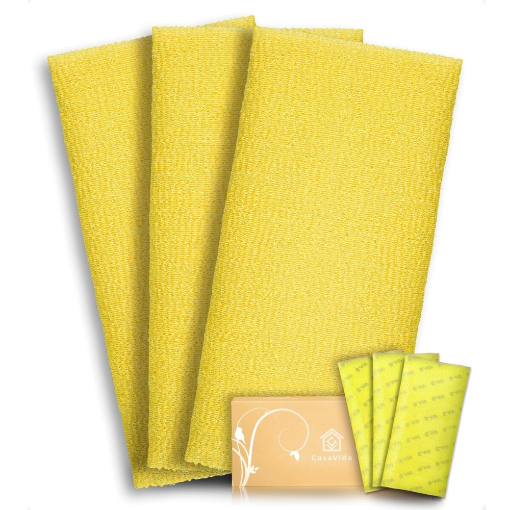 CASAVIDA Exfoliating Washcloth Back Scrubber for Shower Exfoliating Body Scrubber Japanese Beauty Washcloth African Net Sponge Bath Korean Loofah Towel Wash Cloth Scrub Towel 3 Pack (Yellow x 3)