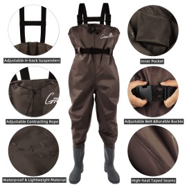 GREENWATER Fishing Chest Waders for Men Women with Boots Waterproof 2ply Nylon PVC Lightweight Bootfoot Waders for Hunting (Brown, M10/W12)