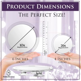 MIRRORVANA 20X & 10X Magnifying Mirror Set with 3 Suction Cups Each - Compact & Travel Ready Mirror for Makeup - Sizes: 6 and 4 Wide