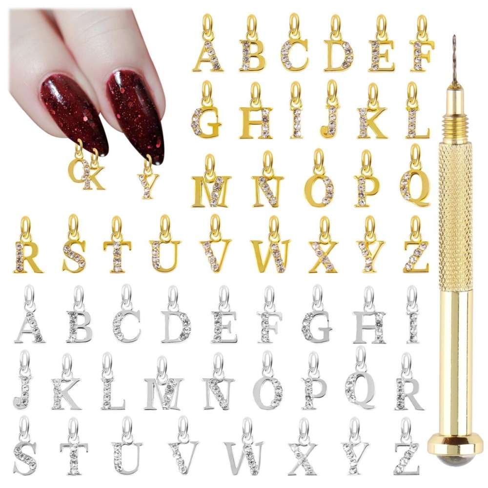 Kalolary Letter Dangle Nail Charm for Valentine\'s Day, 3D Piercing Alphabet Rhinestone Alloy Jewelry Hoops with Nail Piercing Tool Hand Drill for Birthday Nail Art Decoration