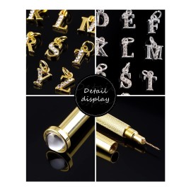 Kalolary Letter Dangle Nail Charm for Valentine\'s Day, 3D Piercing Alphabet Rhinestone Alloy Jewelry Hoops with Nail Piercing Tool Hand Drill for Birthday Nail Art Decoration