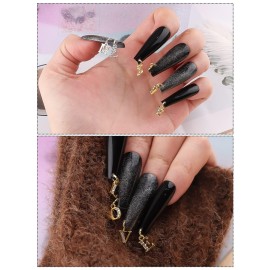 Kalolary Letter Dangle Nail Charm for Valentine\'s Day, 3D Piercing Alphabet Rhinestone Alloy Jewelry Hoops with Nail Piercing Tool Hand Drill for Birthday Nail Art Decoration