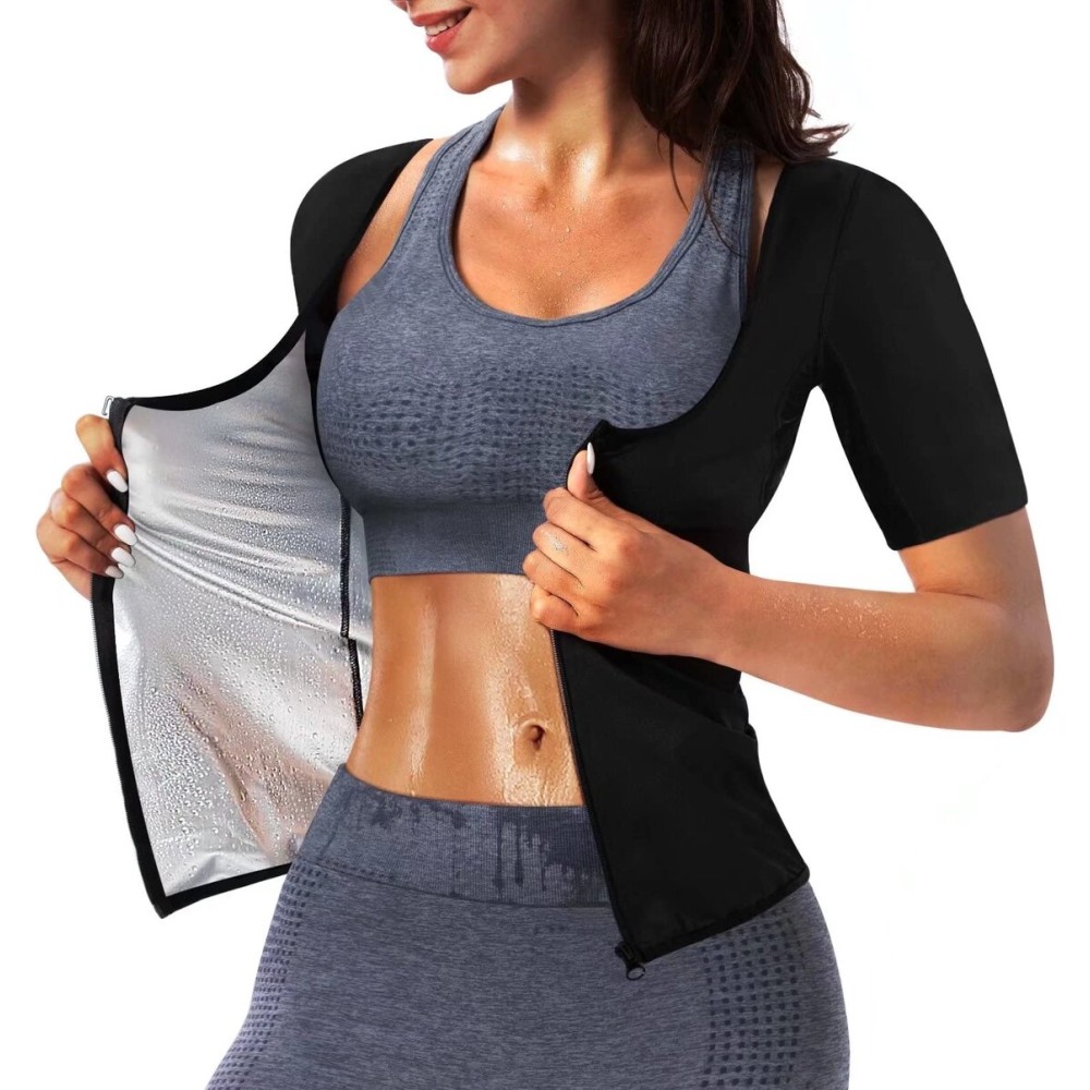 QZSH Women Sauna T-Shirt Sweat Vest Heat Trapping Suit Slimming Tank Top Zipper,Armpit Mesh(TBH6005-07-M)