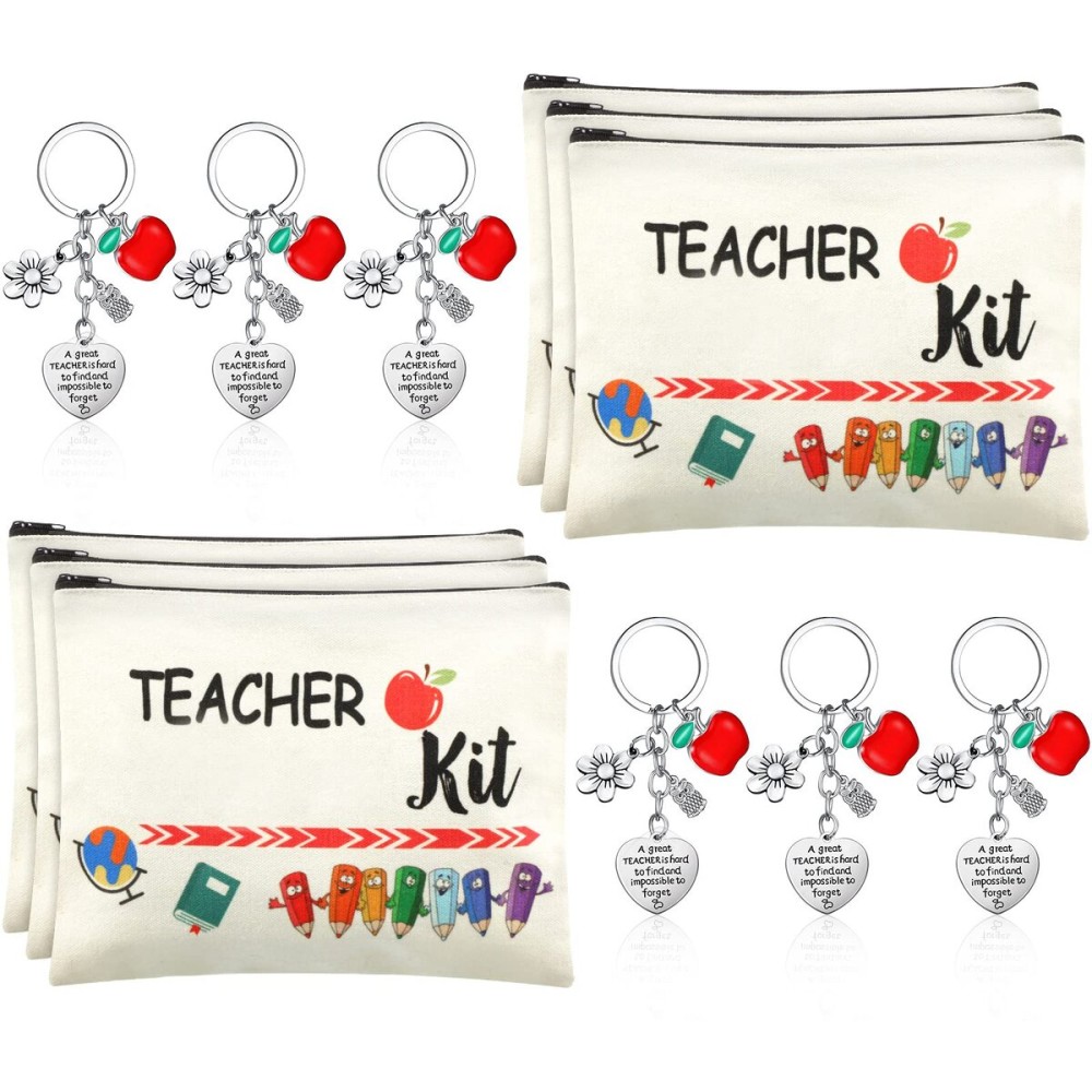 12 Pcs Teacher Appreciation Gift Bulk 6 Makeup Bags Cosmetic Pouch and 6 Keychains Valentines Graduation Gifts for Teacher Women(White,Simple Style)