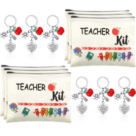 12 Pcs Teacher Appreciation Gift Bulk 6 Makeup Bags Cosmetic Pouch and 6 Keychains Valentines Graduation Gifts for Teacher Women(White,Simple Style)