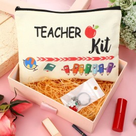 12 Pcs Teacher Appreciation Gift Bulk 6 Makeup Bags Cosmetic Pouch and 6 Keychains Valentines Graduation Gifts for Teacher Women(White,Simple Style)