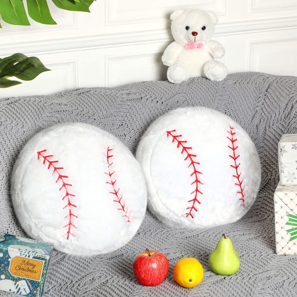Jetec 2 Pcs Baseball Pillow Fluffy Soft Throw Cute Baseball Shaped Sports Decoration Round Plush Sport Theme Cushion Stuffed Pillow for Bedroom Decoration