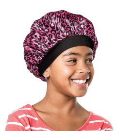 Red by Kiss Kids Satin Bonnet with Wide Band, Sleep Cap for Kids, Bonnet for Boys and Girls (Pink Leopard)