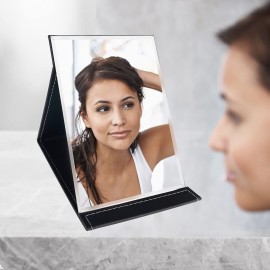 Portable Folding Makeup Mirror with Adjustable Stand, PU Leather Vanity Table for Cosmetics Personal Beauty, X-Large
