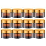 IRON BILL 1 Oz Amber Round Glass Jars with Inner Liners and Gold Lids(12PCS) Empty Cream Containers Refillable Cosmetic Vials for Cosmetics, Lotions, Ointment, Body Scrubs & Balms