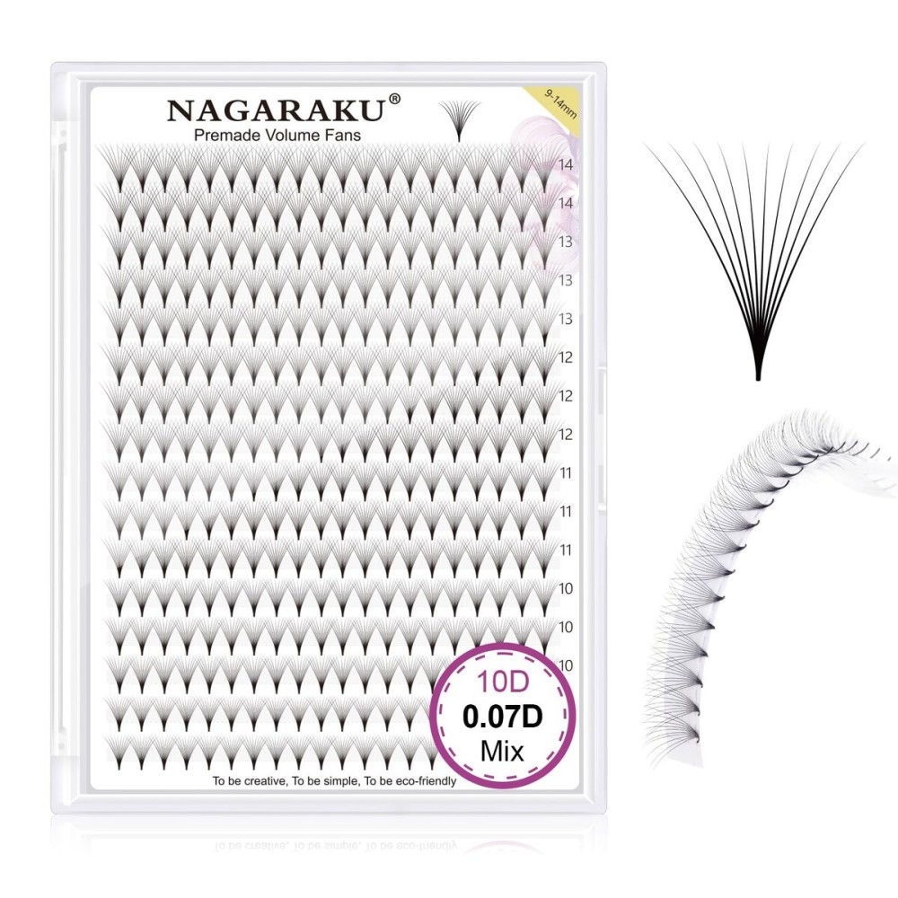 NAGARAKU Premade Fans Eyelash Extensions Thin Pointy Base 10D Volume Sharp Narrow Stem 0.07mm D curl 9-14mm Mix Clusters Russian Pre Fanned Fluffy Matte Black