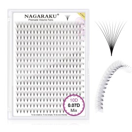 NAGARAKU Premade Fans Eyelash Extensions Thin Pointy Base 10D Volume Sharp Narrow Stem 0.07mm D curl 9-14mm Mix Clusters Russian Pre Fanned Fluffy Matte Black