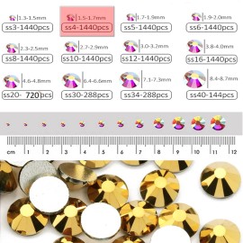 Dowarm 1440 pc SS4 Flatback Rhinestones, 1.5mm Mini Flatback Crystal for Craft, Dance Costumes, Non Hotfix (Gold)