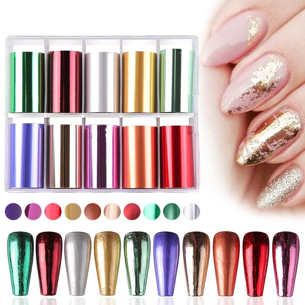 SILPECWEE 10 Sheets Metallic Luster Nail Transfer Foil Wraps Stickers Gold Foils DIY Nail Decoration Kit SILPECWEE 10 Sheets Metallic Luster Nail Transfer Foil Wraps Stickers Gold Foils DIY Nail Decoration Kit