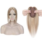 MY-LADY 150% Density Human Hair Toppers Without Bangs For Women 14 Inch (no bangs) 12/613 Light Brown with Bleach Blonde Silk Base Clip in Toppers Top Hair Pieces for Thinning Hair Hair Loss