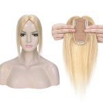 MY-LADY 150% Density Human Hair Toppers Without Bangs For Women 10 Inch (no bangs) 18/613 Light Ash Blonde with Bleach Blonde Silk Base Clip in Toppers Top Hair Pieces for Thinning Hair Hair Loss