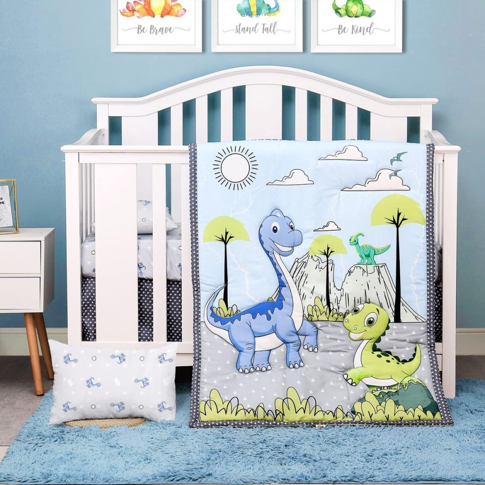 JISEN 3 Piece Crib Bedding Set Crib Quilt Crib Sheet Pillowcase - Soft Microfiber Printed Nursery Set for Baby Boys or Girls Dinosaurs