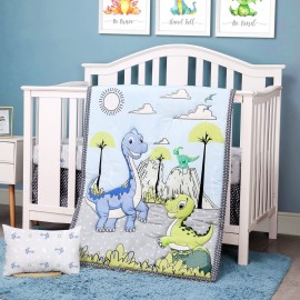 JISEN 3 Piece Crib Bedding Set Crib Quilt Crib Sheet Pillowcase - Soft Microfiber Printed Nursery Set for Baby Boys or Girls Dinosaurs
