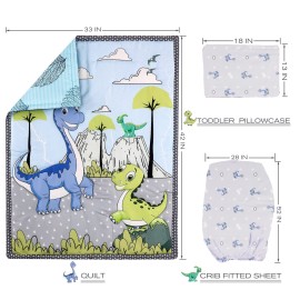 JISEN 3 Piece Crib Bedding Set Crib Quilt Crib Sheet Pillowcase - Soft Microfiber Printed Nursery Set for Baby Boys or Girls Dinosaurs