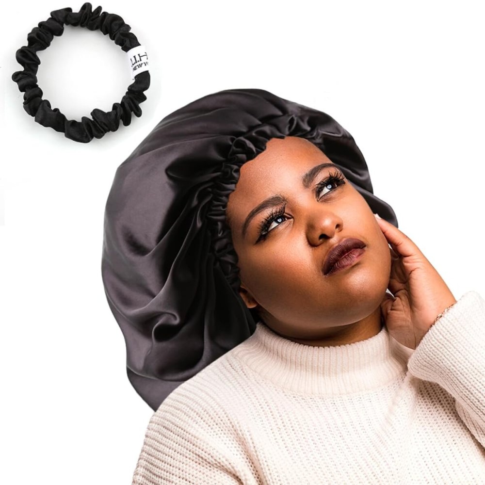 ELIHAIR Stain Bonnet Silky Sleep Cap Adjustable Satin Cap for Night Sleeping Hair Bonnet Reversible Double Layer XX-Large Size Dark Black ELIHAIR Stain Bonnet Silky Sleep Cap Adjustable Satin Cap for Night Sleeping Hair Bonnet Reversible Double Layer XX-Large Size Dark Black