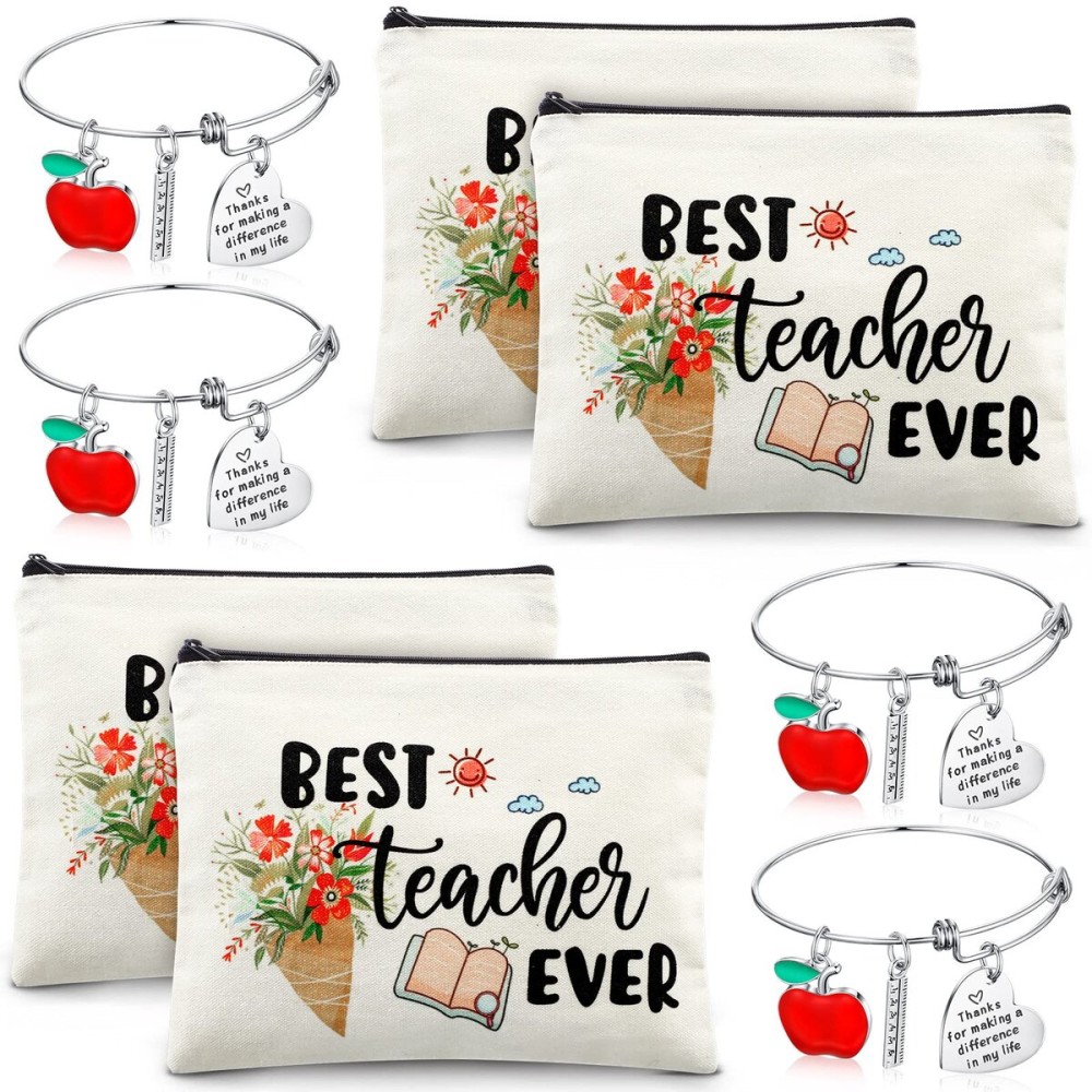 MTLEE 8 Pcs Teacher Graduation Gift Set for Women, 4 Makeup Pouch Cosmetic Bags and 4 Bangle Bracelets, Graduation End of Year Thank You Gifts for Teacher(Best Teacher Ever)