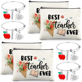 MTLEE 8 Pcs Teacher Graduation Gift Set for Women, 4 Makeup Pouch Cosmetic Bags and 4 Bangle Bracelets, Graduation End of Year Thank You Gifts for Teacher(Best Teacher Ever)