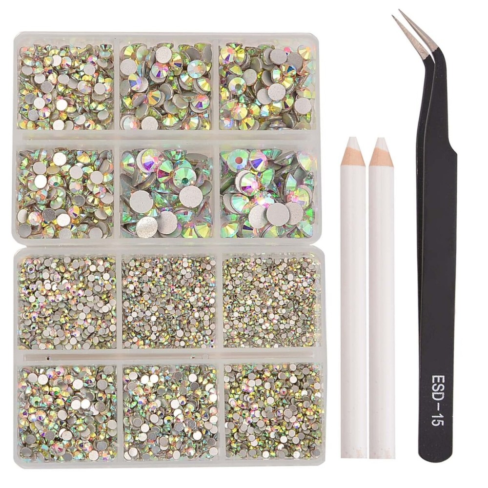 NCB 8000pcs Non Hotfix Rhinestones 10 Sizes Flatback Crystal Glass Rhinestones with Tweezers and Picking Pen for Nail Art Clothes Bags Phone Decorations Crafts DIY (001ab Crystal AB Mix SS3-SS30) NCB 8000pcs Non Hotfix Rhinestones 10 Sizes Flatback Crystal Glass Rhinestones with Tweezers and Picking Pen for Nail Art Clothes Bags Phone Decorations Crafts DIY (001ab Crystal AB Mix SS3-SS30)