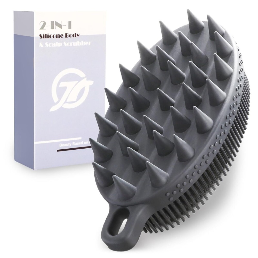 FREATECH 2-in-1 Silicone Body Scrubber - Bath Shower Body Brush and Shampoo Brush Scalp Massager Exfoliator, Deep Cleanse Skin & Hair, Lathers Well, Easy to Clean and Long-Lasting, Black