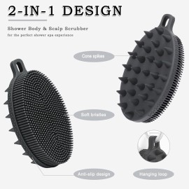 FREATECH 2-in-1 Silicone Body Scrubber - Bath Shower Body Brush and Shampoo Brush Scalp Massager Exfoliator, Deep Cleanse Skin & Hair, Lathers Well, Easy to Clean and Long-Lasting, Black