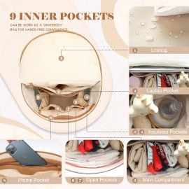 miss fong Diaper Bag Backpack Baby Diaper Bag, Large Leather Diaper Bag Backpack with 15 Pockets Diaper Bag Organizer, Changing Pad, Stroller Straps and 2 Insulated Pockets (Convertible, Peanut)