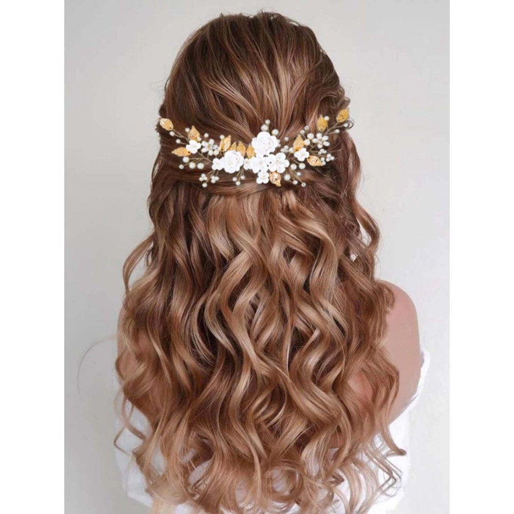 CASDRE Flower Bride Wedding Hair Vine Pearl Bridal Headpiece Leaf Hair Accessories Hair Piece for Women and Girls (B Gold)