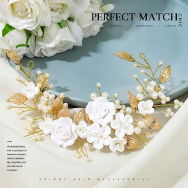 CASDRE Flower Bride Wedding Hair Vine Pearl Bridal Headpiece Leaf Hair Accessories Hair Piece for Women and Girls (B Gold)