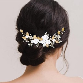 CASDRE Flower Bride Wedding Hair Vine Pearl Bridal Headpiece Leaf Hair Accessories Hair Piece for Women and Girls (B Gold)