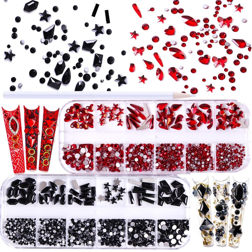 JERCLITY 1620pcs Flat Back Jet Black Nail Rhinestones Red Nail Rhinestones Round Beads Crystals Glass Gems Multi Shapes Sizes with Picking Pen for Crafts Nail Face Art Clothes Shoes Bags DIY