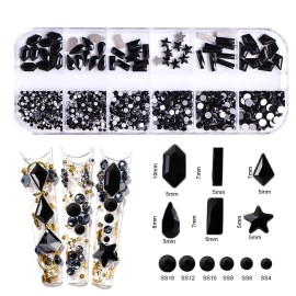 JERCLITY 1620pcs Flat Back Jet Black Nail Rhinestones Red Nail Rhinestones Round Beads Crystals Glass Gems Multi Shapes Sizes with Picking Pen for Crafts Nail Face Art Clothes Shoes Bags DIY